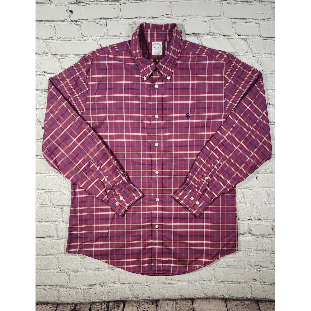 Brooks Brothers Regent Non-Iron Supima Cotton Chambray Plaid Shirt XL Burgundy